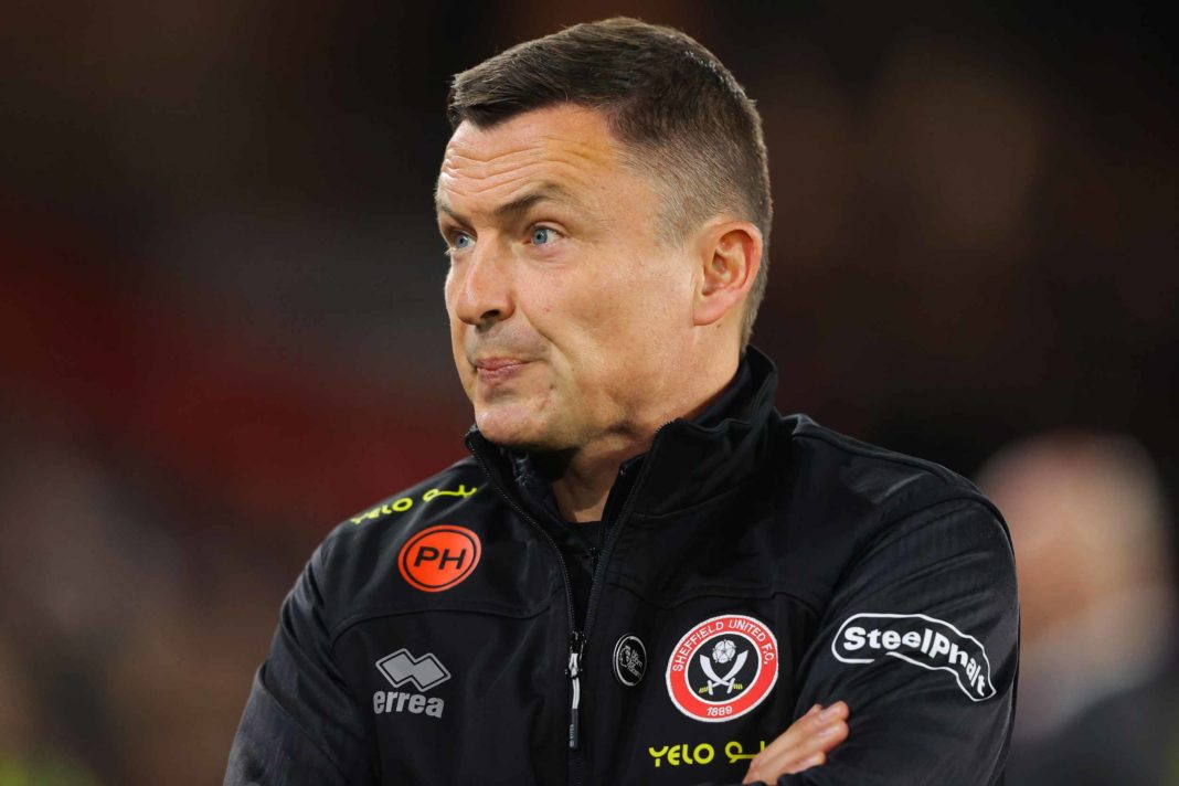 SHEFFIELD, ENGLAND - OCTOBER 21: Paul Heckingbottom, manager of Sheffield United, during the Premier League match between Sheffield United and Manchester United at Bramall Lane on October 21, 2023 in Sheffield, England. (Photo by James Gill/Getty Images)