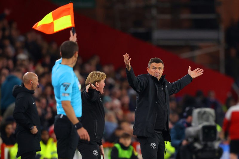 SHEFFIELD, ENGLAND - OCTOBER 21: Paul Heckingbottom, Manager of Sheffield United, reacts during the Premier League match between Sheffield United and Manchester United at Bramall Lane on October 21, 2023 in Sheffield, England. (Photo by James Gill/Getty Images)