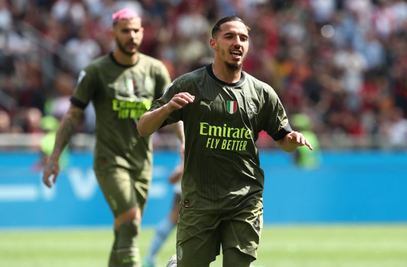 MILAN, ITALY - MAY 06: Ismael Bennacer of AC Milan celebrates after scoring their side's first goal during the Serie A match between AC Milan and SS Lazio at Stadio Giuseppe Meazza on May 06, 2023 in Milan, Italy. (Photo by Marco Luzzani/Getty Images)