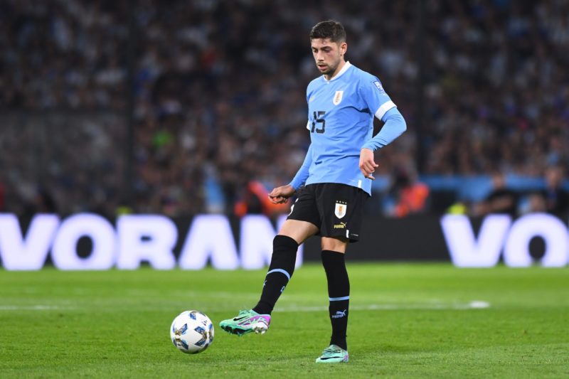 BUENOS AIRES, ARGENTINA - NOVEMBER 16: Federico Valverde of Uruguay controls the ball during a FIFA World Cup 2026 Qualifier match between Argentina and Uruguay at Estadio Alberto J. Armando on November 16, 2023 in Buenos Aires, Argentina. (Photo by Rodrigo Valle/Getty Images)