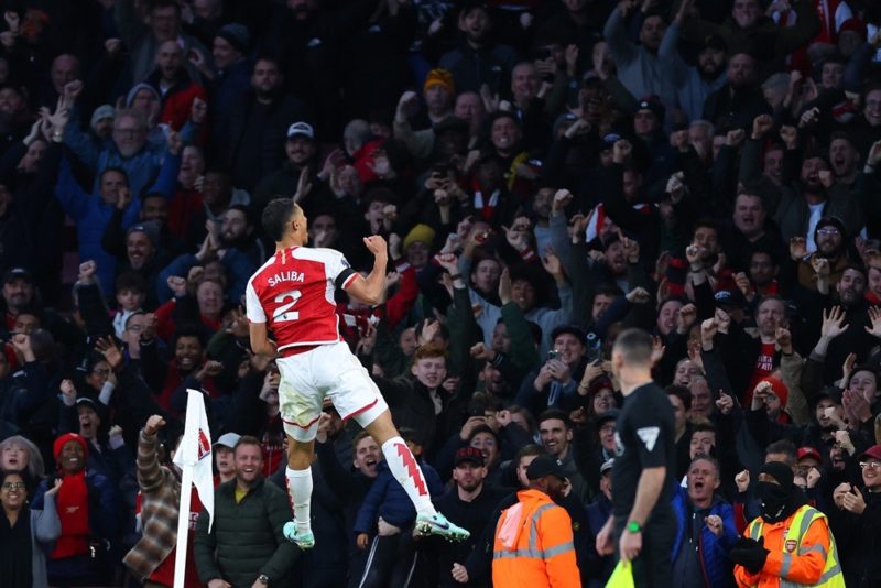 LONDON, ENGLAND: William Saliba of Arsenal celebrates after scoring the team's second goal during the Premier League match between Arsenal FC and Burnley FC at Emirates Stadium on November 11, 2023. (Photo by Marc Atkins/Getty Images)