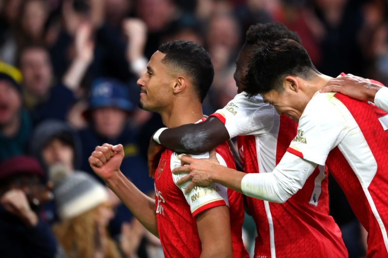 LONDON, ENGLAND - NOVEMBER 11: William Saliba of Arsenal celebrates with teammates after scoring the team's second goal during the Premier League match between Arsenal FC and Burnley FC at Emirates Stadium on November 11, 2023 in London, England. (Photo by Justin Setterfield/Getty Images)