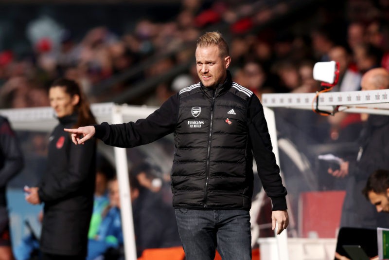 BOREHAMWOOD, ENGLAND - NOVEMBER 05: Jonas Eidevall, Manager of Arsenal, gives the team instructions during the Barclays Women´s Super League match between Arsenal FC and Manchester City at Meadow Park on November 05, 2023 in Borehamwood, England. (Photo by Paul Harding/Getty Images)