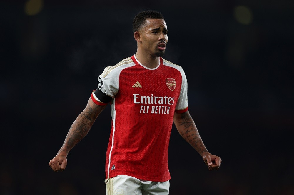 LONDON, ENGLAND: Gabriel Jesus of Arsenal during the UEFA Champions League match between Arsenal FC and RC Lens at Emirates Stadium on November 29, 2023. (Photo by Richard Heathcote/Getty Images)