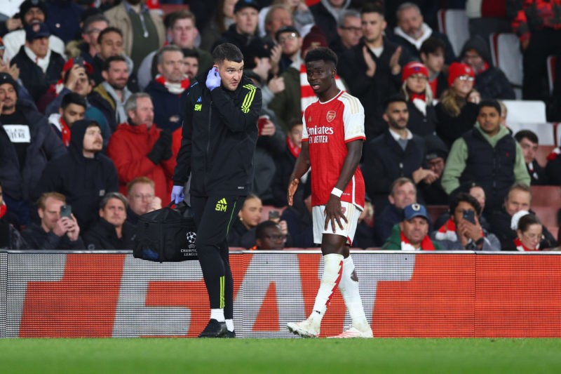 LONDON, ENGLAND - NOVEMBER 08: Bukayo Saka of Arsenal reacts as he is substituted during the UEFA Champions League match between Arsenal FC and Sevilla FC at Emirates Stadium on November 08, 2023 in London, England. (Photo by Clive Rose/Getty Images)