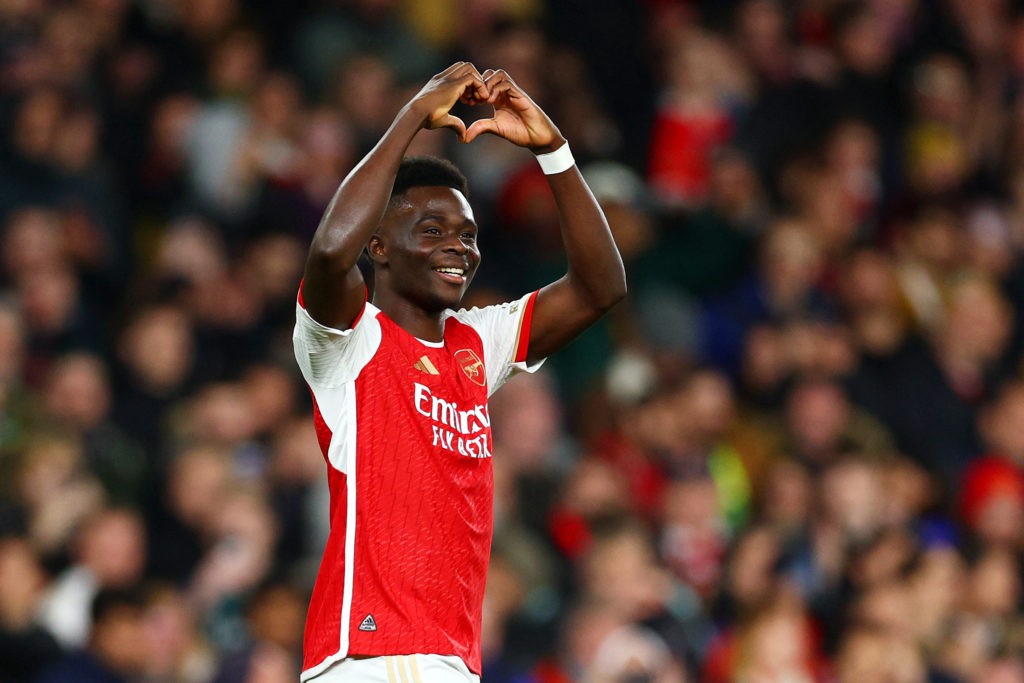 LONDON, ENGLAND - NOVEMBER 08: Bukayo Saka of Arsenal celebrates after scoring the team's second goal during the UEFA Champions League match between Arsenal FC and Sevilla FC at Emirates Stadium on November 08, 2023 in London, England. (Photo by Clive Rose/Getty Images)