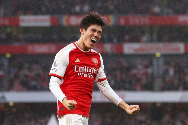 LONDON, ENGLAND - OCTOBER 28: Takehiro Tomiyasu of Arsenal celebrates after scoring the team's fifth goal during the Premier League match between Arsenal FC and Sheffield United at Emirates Stadium on October 28, 2023 in London, England. (Photo by Alex Pantling/Getty Images)