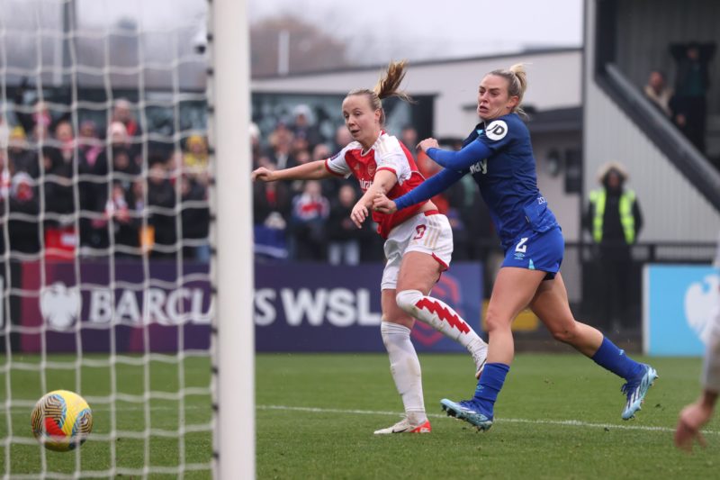 BOREHAMWOOD, ENGLAND - NOVEMBER 26: Beth Mead of Arsenal scores her sides third goal during the Barclays Women´s Super League match between Arsenal FC and West Ham United at Meadow Park on November 26, 2023 in Borehamwood, England. (Photo by Alex Pantling/Getty Images)