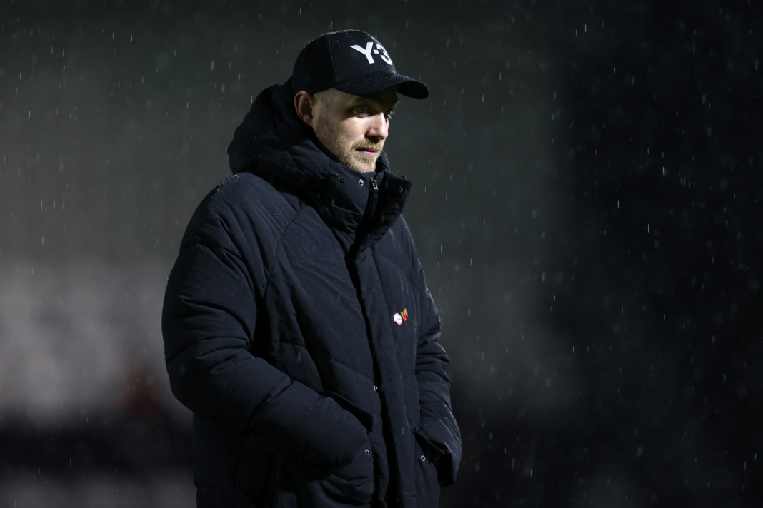 BOREHAMWOOD, ENGLAND - NOVEMBER 09: Jonas Eidevall, Manager of Arsenal, looks on prior to the FA Women's Continental Tyres League Cup match between Arsenal and Bristol City at Meadow Park on November 09, 2023 in Borehamwood, England. (Photo by James Chance/Getty Images)