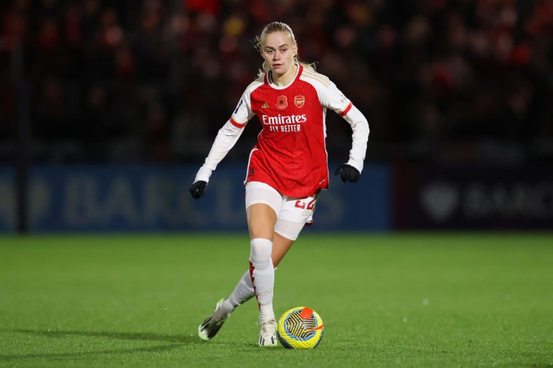 BOREHAMWOOD, ENGLAND - NOVEMBER 09: Kathrine Moller Kuehl of Arsenal runs with the ball during the FA Women's Continental Tyres League Cup match between Arsenal and Bristol City at Meadow Park on November 09, 2023 in Borehamwood, England. (Photo by James Chance/Getty Images)