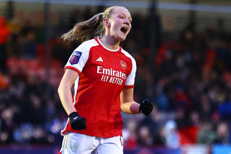 CRAWLEY, ENGLAND - NOVEMBER 19: Frida Maanum of Arsenal celebrates after scoring the team's third goal during the Barclays Women´s Super League match between Brighton & Hove Albion and Arsenal FC at Broadfield Stadium on November 19, 2023 in Crawley, England. (Photo by Bryn Lennon/Getty Images)