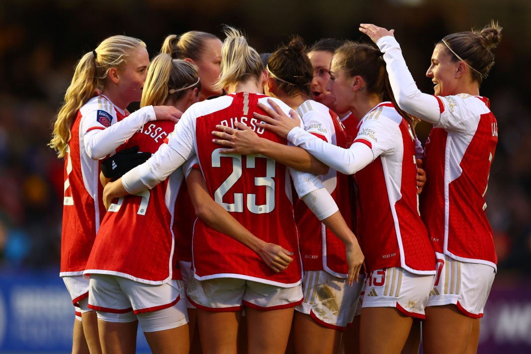 CRAWLEY, ENGLAND - NOVEMBER 19: Frida Maanum of Arsenal (obscured) celebrates with teammates after scoring the team's third goal during the Barclays Women´s Super League match between Brighton & Hove Albion and Arsenal FC at Broadfield Stadium on November 19, 2023 in Crawley, England. (Photo by Bryn Lennon/Getty Images)