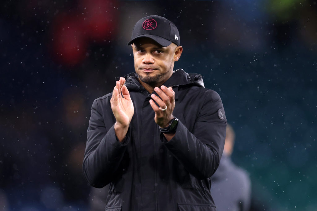 BURNLEY, ENGLAND - NOVEMBER 04: Vincent Kompany, Manager of Burnley, applauds following the Premier League match between Burnley FC and Crystal Palace at Turf Moor on November 04, 2023 in Burnley, England. (Photo by George Wood/Getty Images)