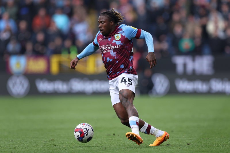 BURNLEY, ENGLAND - APRIL 22: Michael Obafemi of Burnley during the Sky Bet Championship between Burnley and Queens Park Rangers at Turf Moor on April 22, 2023 in Burnley, England. (Photo by Alex Livesey/Getty Images)