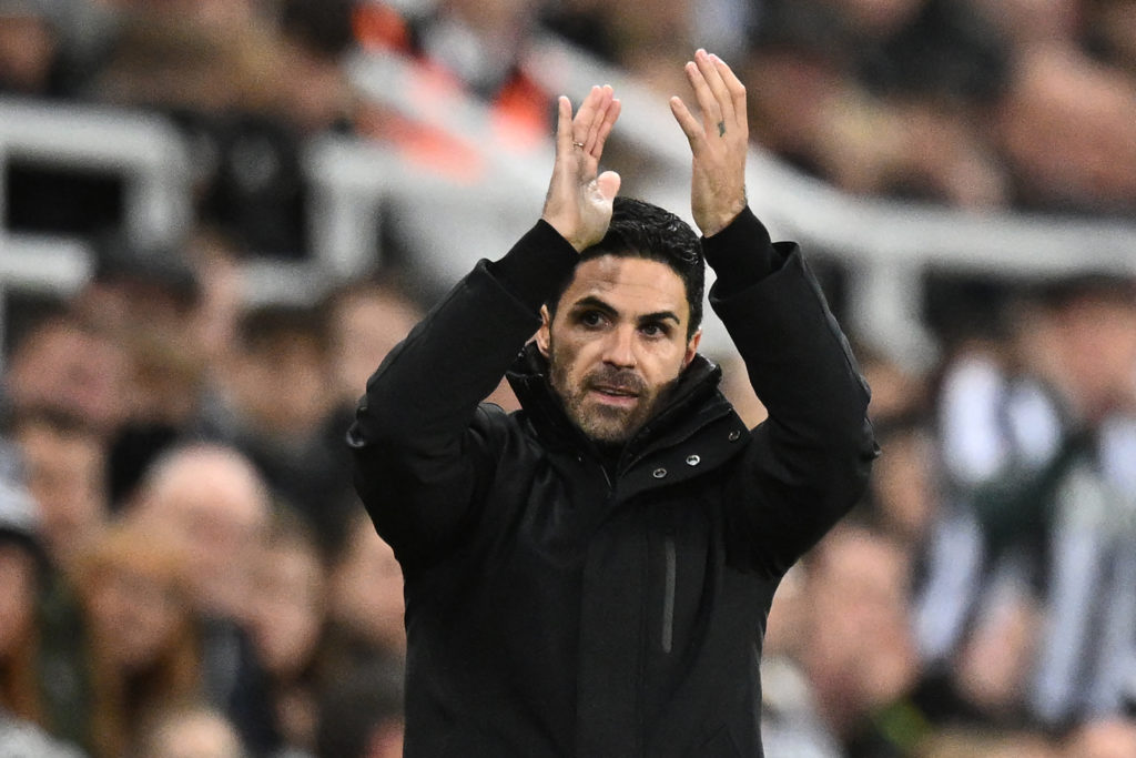 Arsenal's Spanish manager Mikel Arteta gestures on the touchline during the English Premier League football match between Newcastle United and Arsenal at St James' Park in Newcastle-upon-Tyne, north east England on November 4, 2023. (Photo by OLI SCARFF/AFP via Getty Images)