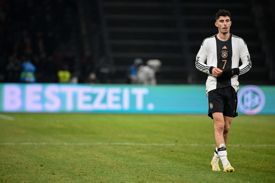 Germany's midfielder #07 Kai Havertz reacts after the international friendly football match between Germany and Turkey at the Olympic Stadium in Berlin on November 18, 2023, in preparation for the UEFA Euro 2024 in Germany. (Photo by TOBIAS SCHWARZ/AFP via Getty Images)