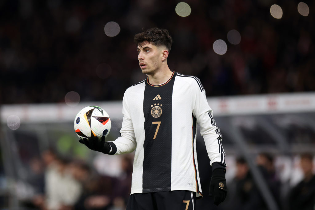 BERLIN, GERMANY - NOVEMBER 18: Kai Havertz of Germany prepares to take a throw in during an international friendly match between Germany and Turkey at Olympiastadion on November 18, 2023 in Berlin, Germany. (Photo by Maja Hitij/Getty Images)