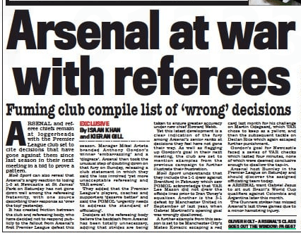 Arsenal at war with referees Daily Mail Arteta criticism