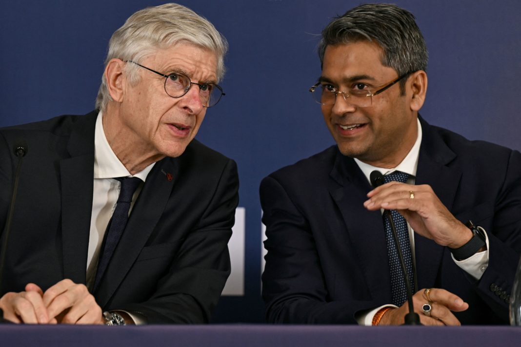 FIFA Chief of Global Football Development Arsène Wenger (L) and President of the All India Football Federation (AIFF) Kalyan Chaubey speak during a press conference regarding the FIFA-AIFF academy and the grassroots development in Indian football in Mumbai on November 22, 2023. (Photo by Indranil MUKHERJEE / AFP) (Photo by INDRANIL MUKHERJEE/AFP via Getty Images)