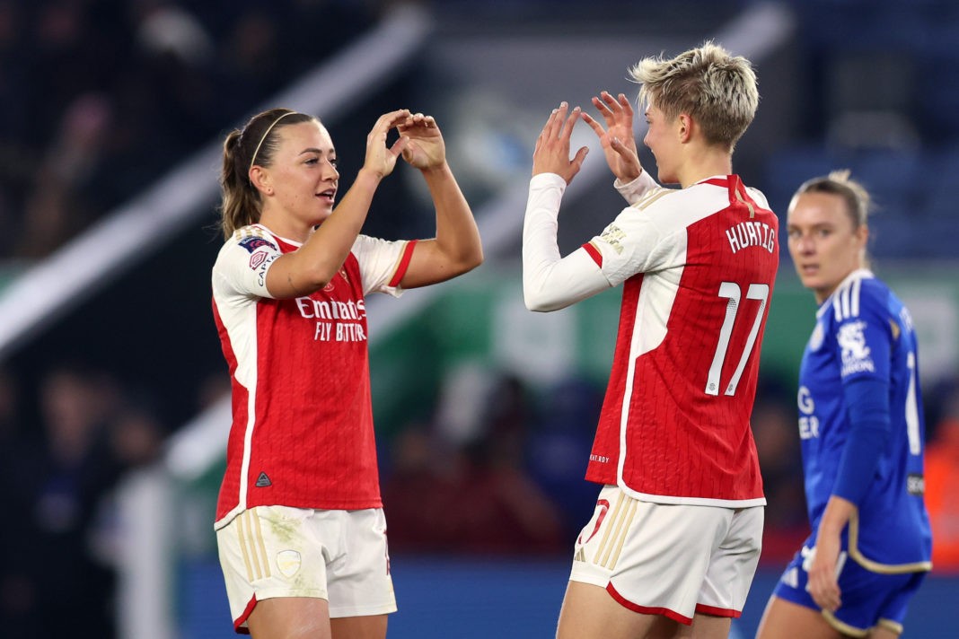 LEICESTER, ENGLAND - NOVEMBER 12: Lina Hurtig of Arsenal celebrates with teammate Noelle Maritz after scoring the team's sixth goal during the Barclays Women´s Super League match between Leicester City and Arsenal FC at The King Power Stadium on November 12, 2023 in Leicester, England. (Photo by Nathan Stirk/Getty Images)