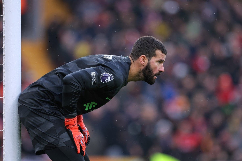 LIVERPOOL, ENGLAND: Alisson Becker of Liverpool FC during the Premier League match between Liverpool FC and Brentford FC at Anfield on November 12, 2023. (Photo by Alex Livesey/Getty Images)