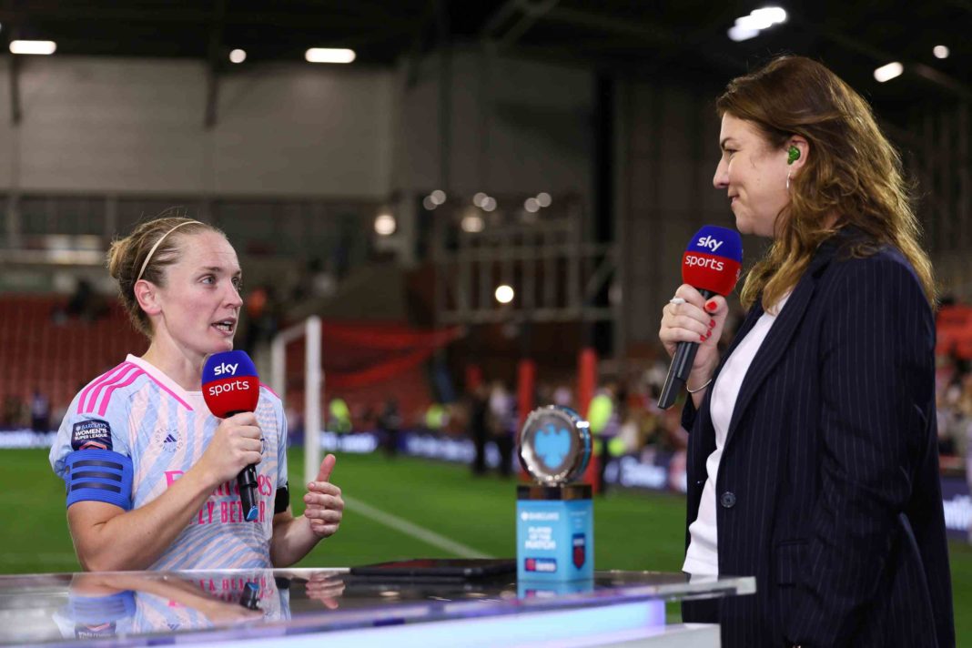 LEIGH, ENGLAND - OCTOBER 06: Player of the Match, Kim Little of Arsenal is interviewed by Caroline Barker, Sky Sports Presenter after the Barclays Women´s Super League match between Manchester United and Arsenal FC at Leigh Sports Village on October 06, 2023 in Leigh, England. (Photo by Matt McNulty/Getty Images)
