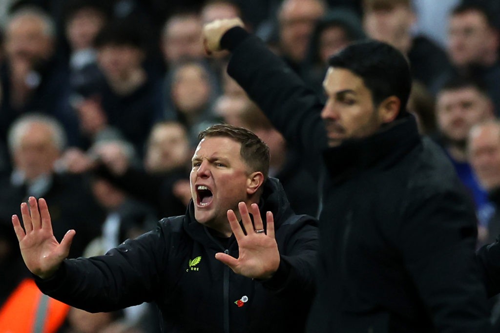 NEWCASTLE UPON TYNE, ENGLAND - NOVEMBER 04: Eddie Howe, Manager of Newcastle United, reacts during the Premier League match between Newcastle United and Arsenal FC at St. James Park on November 04, 2023 in Newcastle upon Tyne, England. (Photo by Ian MacNicol/Getty Images)