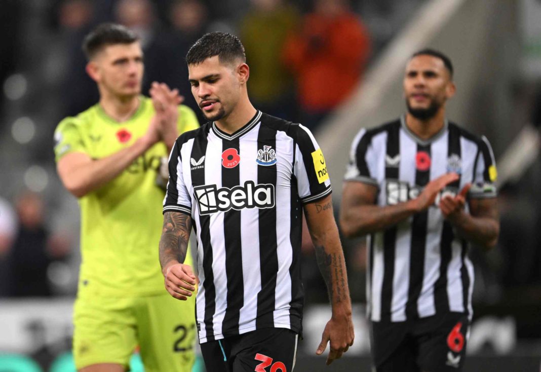 NEWCASTLE UPON TYNE, ENGLAND - NOVEMBER 04: Newcastle player Bruno Guimaraes reacts after the Premier League match between Newcastle United and Arsenal FC at St. James Park on November 04, 2023 in Newcastle upon Tyne, England. (Photo by Stu Forster/Getty Images)