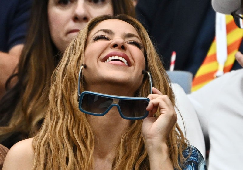 Colombian singer Shakira watches Spain's Carlos Alcaraz playing Russia's Daniil Medvedev during their men's singles semi-finals tennis match on the twelfth day of the 2023 Wimbledon Championships at The All England Lawn Tennis Club in Wimbledon, southwest London, on July 14, 2023. (Photo by SEBASTIEN BOZON/AFP via Getty Images)