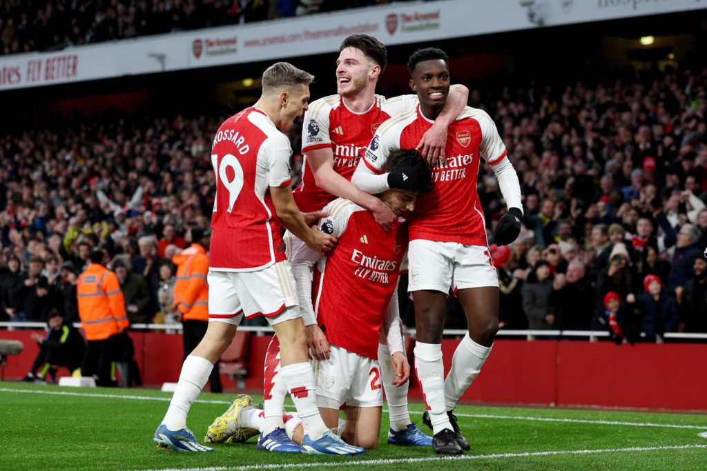 LONDON, ENGLAND - DECEMBER 17: Kai Havertz of Arsenal celebrates with teammates after scoring their team's second goal during the Premier League match between Arsenal FC and Brighton & Hove Albion at Emirates Stadium on December 17, 2023 in London, England. (Photo by Richard Heathcote/Getty Images)