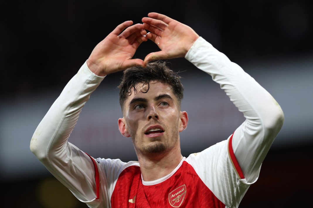 LONDON, ENGLAND - DECEMBER 17: Kai Havertz of Arsenal celebrates after scoring their team's second goal during the Premier League match between Arsenal FC and Brighton & Hove Albion at Emirates Stadium on December 17, 2023 in London, England. (Photo by Richard Heathcote/Getty Images)