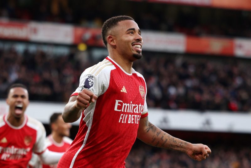 LONDON, ENGLAND - DECEMBER 17: Gabriel Jesus of Arsenal celebrates after scoring their team's first goal during the Premier League match between Arsenal FC and Brighton & Hove Albion at Emirates Stadium on December 17, 2023 in London, England. (Photo by Richard Heathcote/Getty Images)