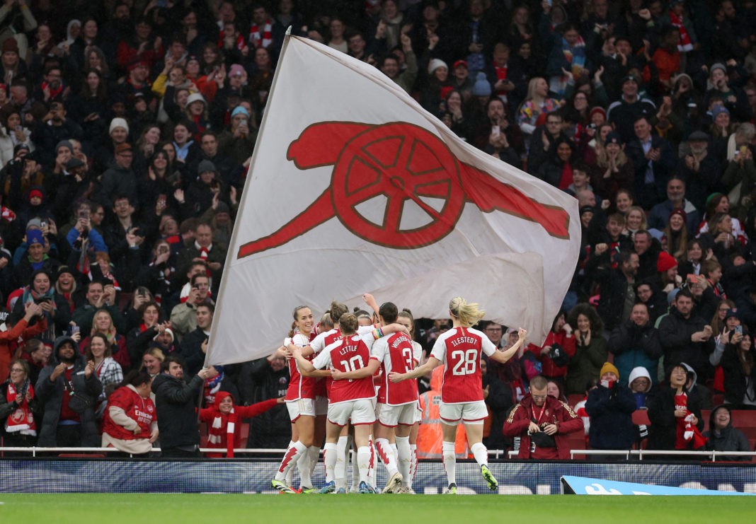 LONDON, ENGLAND - DECEMBER 10: Beth Mead of Arsenal (obscured) celebrates after scoring their team's first goal with teammates during the Barclays Women's Super League match between Arsenal FC and Chelsea FC at Emirates Stadium on December 10, 2023 in London, England. (Photo by Warren Little/Getty Images)