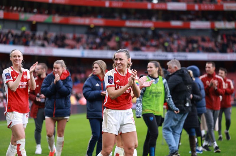 LONDON, ENGLAND - DECEMBER 10: Katie McCabe of Arsenal applauds the fans following the team's victory during the Barclays Women's Super League match between Arsenal FC and Chelsea FC at Emirates Stadium on December 10, 2023 in London, England. (Photo by Warren Little/Getty Images)