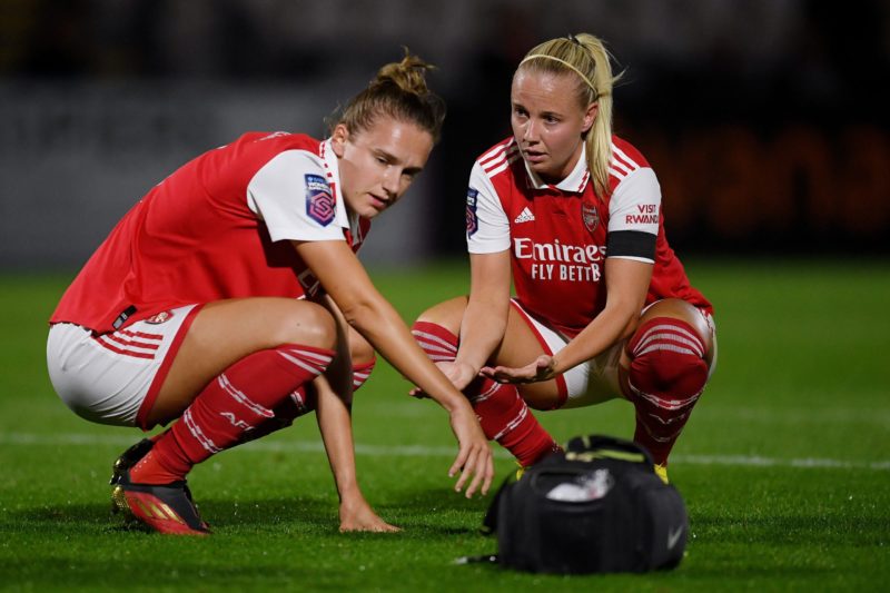 BOREHAMWOOD, ENGLAND - SEPTEMBER 16: Beth Mead of Arsenal interacts with Vivianne Miedema of Arsenal during the FA Women's Super League match between Arsenal WFC and Brighton & Hove Albion WFC at Meadow Park on September 16, 2022 in Borehamwood, England. (Photo by Harriet Lander/Getty Images)