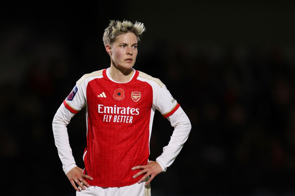 BOREHAMWOOD, ENGLAND - NOVEMBER 09: Lina Hurtig of Arsenal reacts during the FA Women's Continental Tyres League Cup match between Arsenal and Bristol City at Meadow Park on November 09, 2023 in Borehamwood, England. (Photo by James Chance/Getty Images)