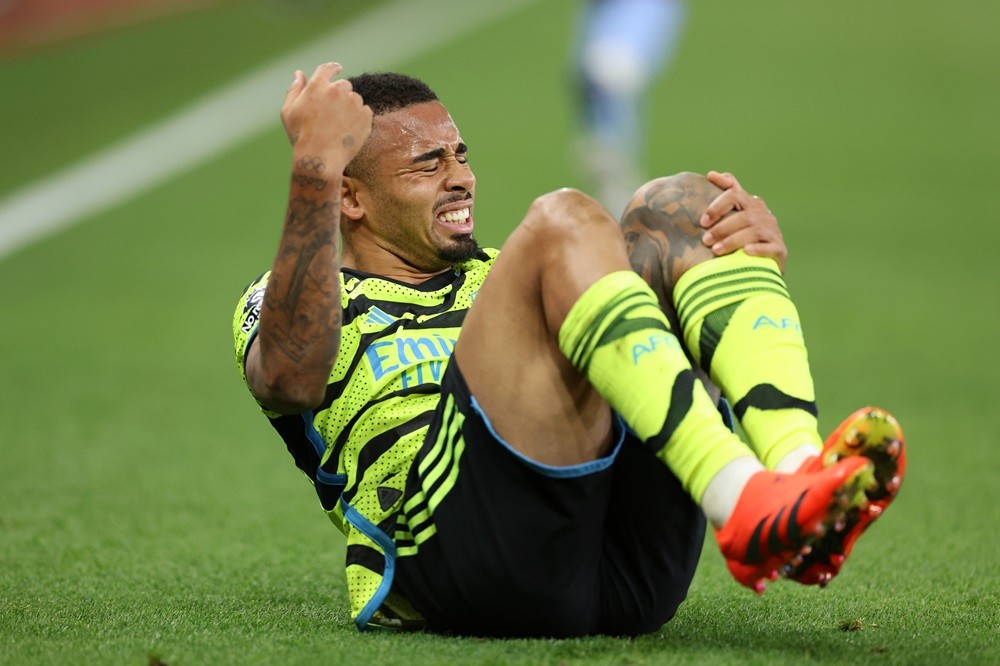 BIRMINGHAM, ENGLAND: Gabriel Jesus of Arsenal reacts during the Premier League match between Aston Villa and Arsenal FC at Villa Park on December 09, 2023. (Photo by Catherine Ivill/Getty Images)