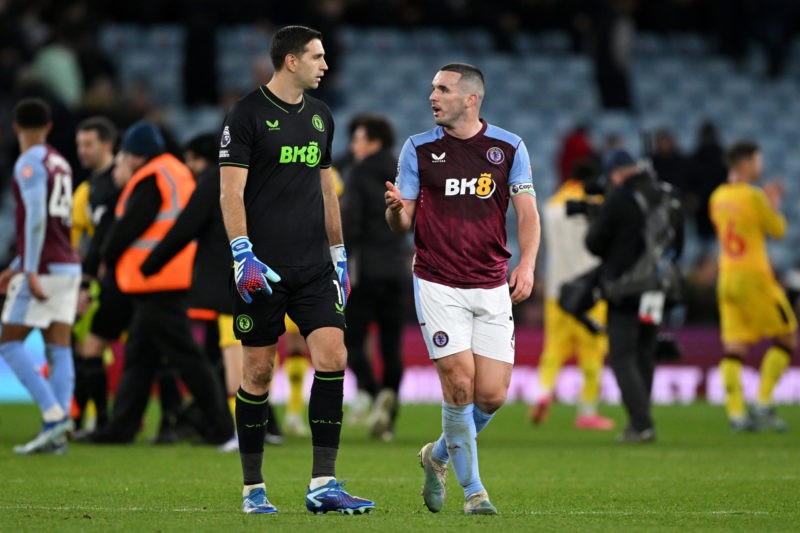 BIRMINGHAM, ENGLAND - DECEMBER 22: Emiliano Martinez and John McGinn of Aston Villa react after the draw in the Premier League match between Aston Villa and Sheffield United at Villa Park on December 22, 2023 in Birmingham, England. (Photo by Shaun Botterill/Getty Images)