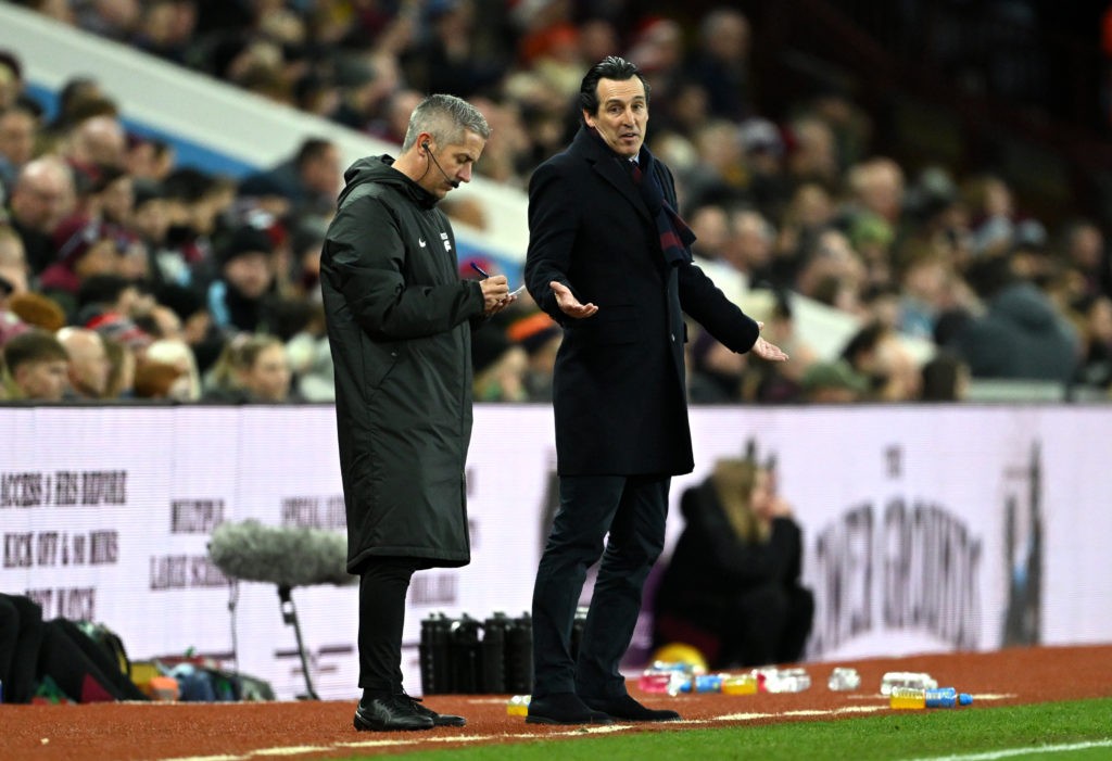BIRMINGHAM, ENGLAND - DECEMBER 22: Unai Emery, Manager of Aston Villa, reacts during the Premier League match between Aston Villa and Sheffield United at Villa Park on December 22, 2023 in Birmingham, England. (Photo by Shaun Botterill/Getty Images)