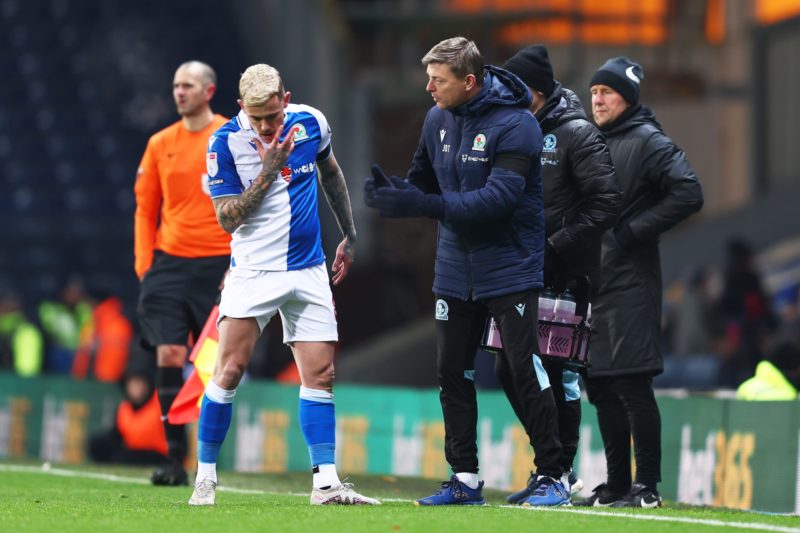 BLACKBURN, ENGLAND - NOVEMBER 29: Jon Dahl Tomasson, Manager of Blackburn Rovers, gives instructions to Sammie Szmodics  during the Sky Bet Championship match between Blackburn Rovers and Birmingham City at Ewood Park on November 29, 2023 in Blackburn, England. (Photo by Matt McNulty/Getty Images)
