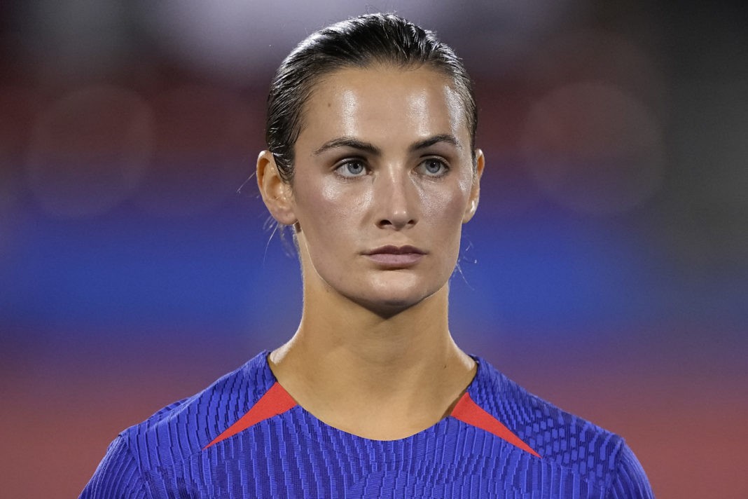 FRISCO, TEXAS - DECEMBER 05: Emily Fox #23 of United States looks on during the singing of the U.S. national anthem before the match against China PR at Toyota Stadium on December 05, 2023 in Frisco, Texas. (Photo by Sam Hodde/Getty Images)