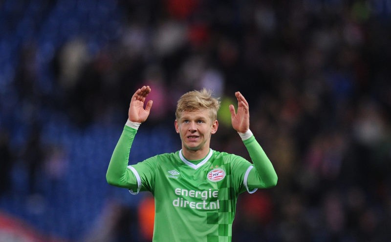 MADRID, SPAIN - NOVEMBER 23:  Olexandr Zinchenko of PSV Eindhoven applauds his team's fans at the end of the UEFA Champions League match between Club Atletico de Madrid and PSV Eindhoven at Vicente Calderon Stadium on November 23, 2016 in Madrid, .  (Photo by Denis Doyle/Getty Images)