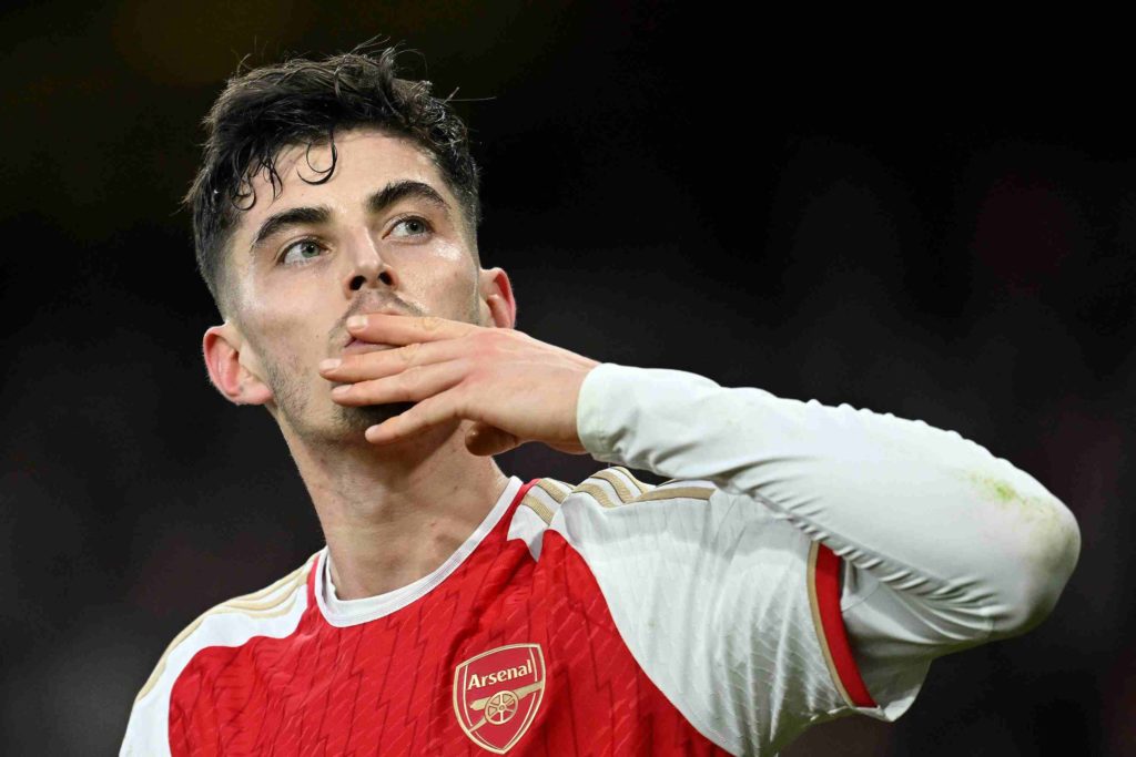 Arsenal's German midfielder #29 Kai Havertz celebrates scoring the team's second goal during the English Premier League football match between Arsenal and Brighton and Hove Albion at the Emirates Stadium in London on December 17, 2023. (Photo by JUSTIN TALLIS/AFP via Getty Images)