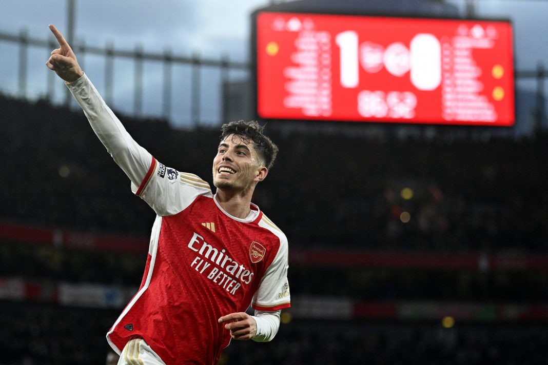 Arsenal's German midfielder #29 Kai Havertz celebrates scoring the team's second goal during the English Premier League football match between Arsenal and Brighton and Hove Albion at the Emirates Stadium in London on December 17, 2023. (Photo by JUSTIN TALLIS/AFP via Getty Images)