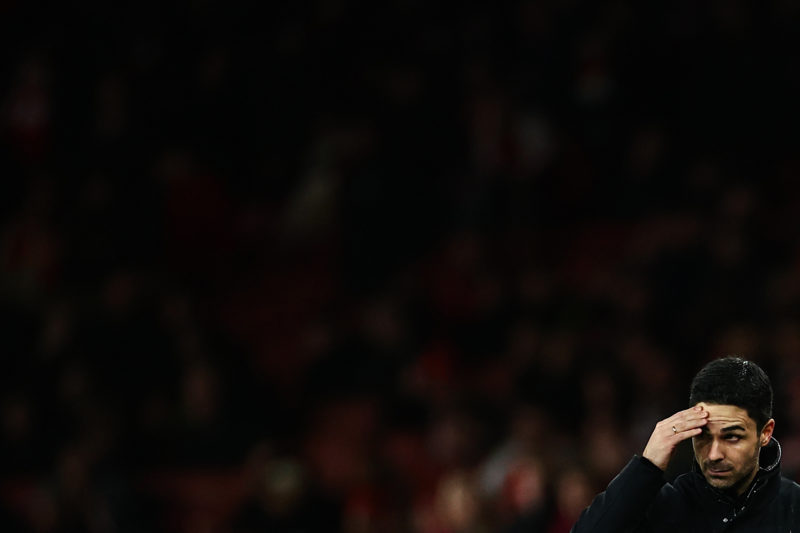 Arsenal's Spanish manager Mikel Arteta reacts during the English Premier League football match between Arsenal and West Ham at the Emirates Stadium in London on December 28, 2023. (Photo by HENRY NICHOLLS/AFP via Getty Images)