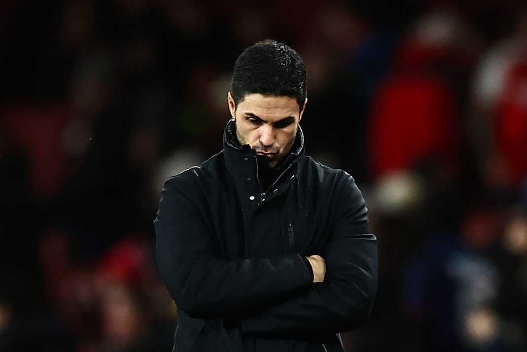Arsenal's Spanish manager Mikel Arteta reacts at the end of the English Premier League football match between Arsenal and West Ham at the Emirates Stadium in London on December 28, 2023. West Ham wins against Arsenal 2 - 0. (Photo by HENRY NICHOLLS/AFP via Getty Images)