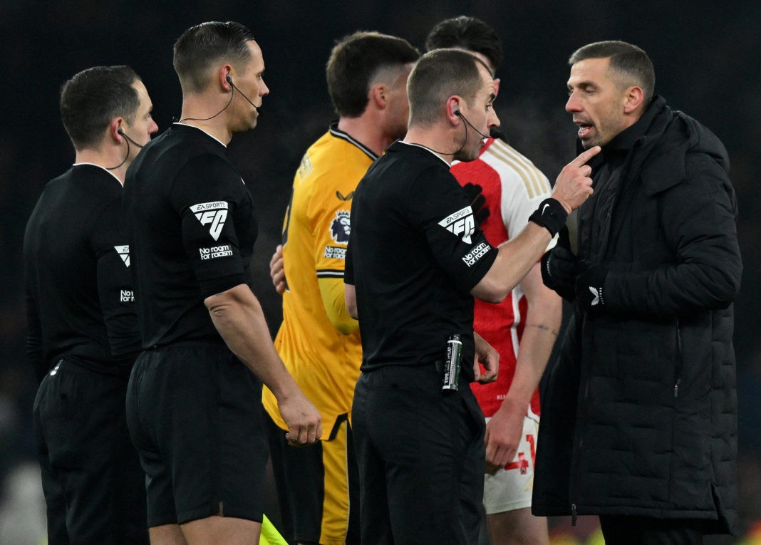 Wolverhampton Wanderers' English head coach Gary O'Neil (R) confronts Referee Peter Bankes after the English Premier League football match between Arsenal and Wolverhampton Wanderers at the Emirates Stadium in London on December 2, 2023.(Photo by GLYN KIRK/AFP via Getty Images)