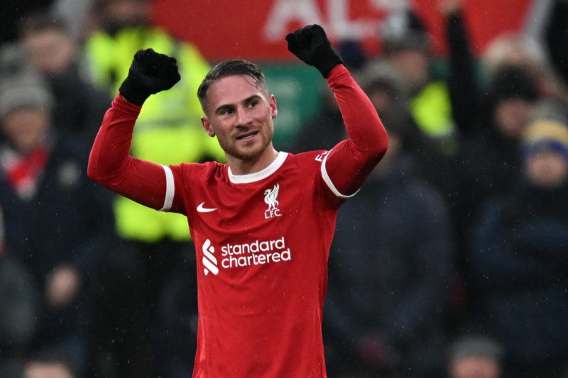 Liverpool's Argentinian midfielder #10 Alexis Mac Allister celebrates after scoring their second goal during the English Premier League football match between Liverpool and Fulham at Anfield in Liverpool, northwest England, on December 3, 2023. (Photo by PAUL ELLIS/AFP via Getty Images)