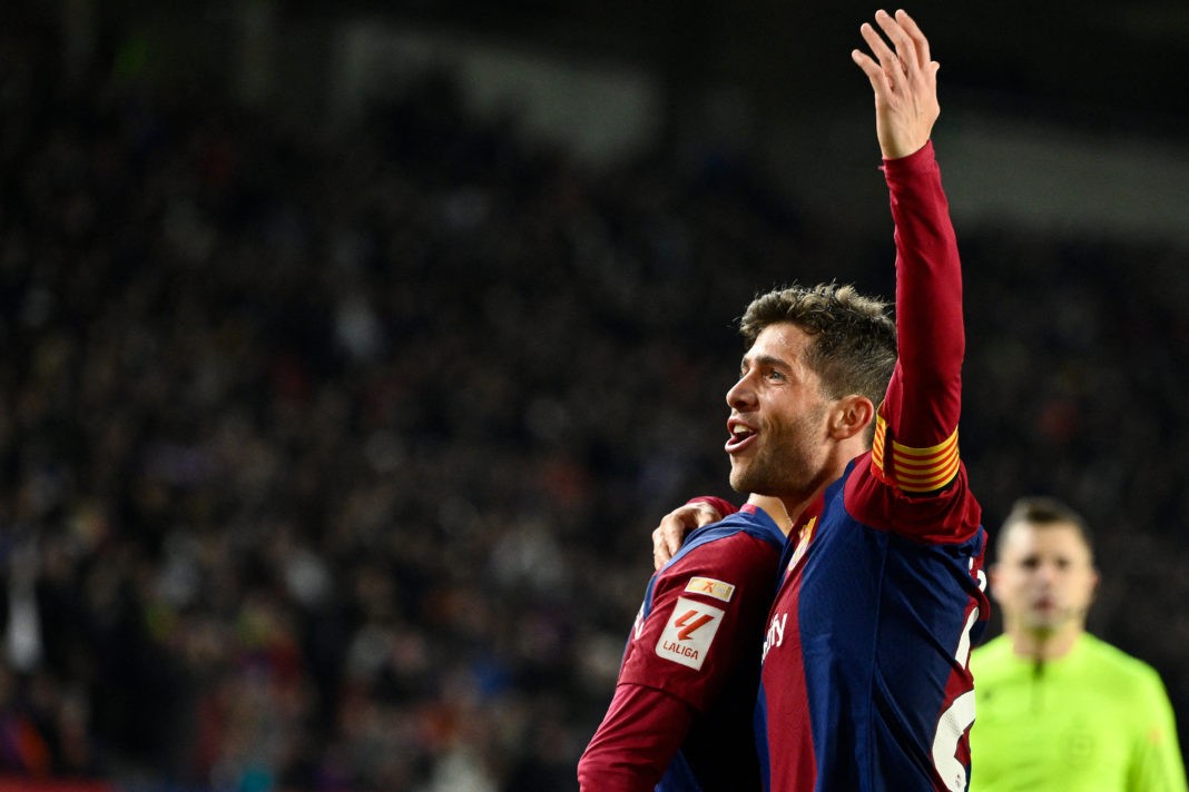Barcelona's Spanish midfielder #20 Sergi Roberto celebrates after scoring his team's third goal during the Spanish league football match between FC Barcelona and UD Almeria at the Estadi Olimpic Lluis Companys in Barcelona on December 20, 2023. (Photo by JOSEP LAGO/AFP via Getty Images)