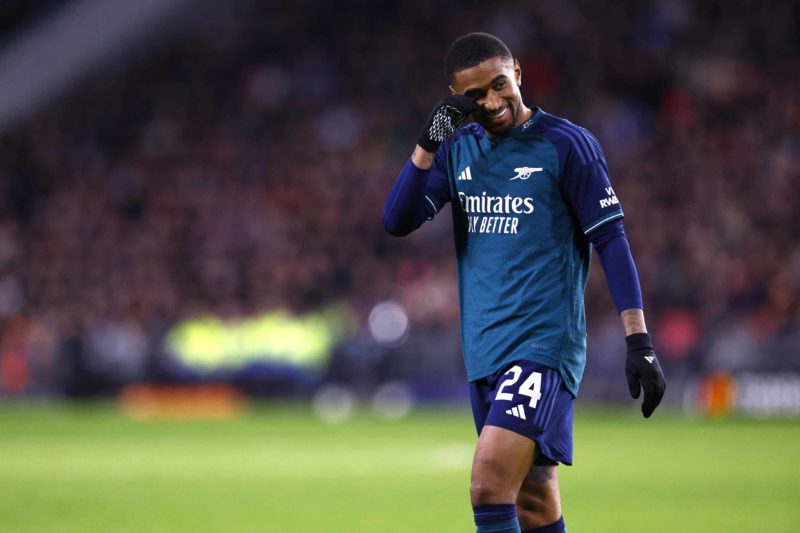 Arsenal's British forward #24 Reiss Nelson reacts during a UEFA Champions League group B football match between PSV Eindhoven and Arsenal FC at the Philips Stadium in Eindhoven, on December 12, 2023. (Photo by KENZO TRIBOUILLARD/AFP via Getty Images)
